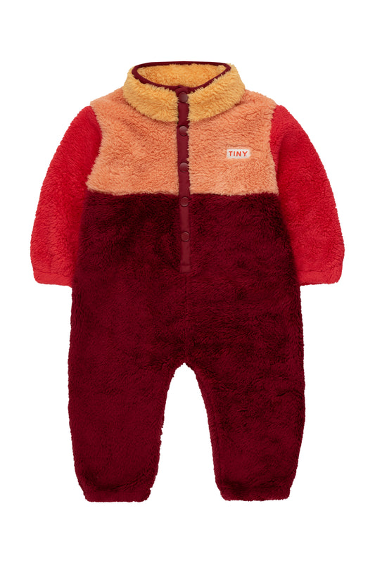 Deep red color block polar sherpa one-piece